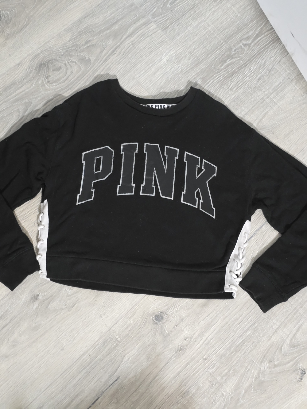 Victoria's Secret PINK Black Cropped Sweatshirt with White Lace-Up Sides